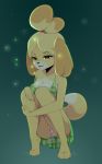  2019 animal_crossing anthro blonde_hair breasts canid canine canis cleavage clothed clothing coffeechicken digital_media_(artwork) dipstick_tail domestic_dog female hair hi_res isabelle_(animal_crossing) mammal multicolored_tail nintendo open_mouth pussy shih_tzu solo toy_dog video_games yellow_body 