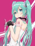  1girl applepie_(12711019) aqua_eyes aqua_hair black_gloves character_name earrings fingerless_gloves from_side gloves hair_between_eyes hand_on_own_chest hatsune_miku highres jewelry long_hair microphone microphone_stand number_tattoo open_mouth pink_background sidelocks solo tattoo twintails upper_body vocaloid 
