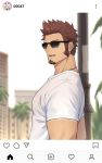  1boy 47_(479992103) beard biceps blue_eyes brown_hair chest facial_hair fate/grand_order fate_(series) glasses highres looking_at_viewer male_focus muscle napoleon_bonaparte_(fate/grand_order) open_mouth pole shirt short_sleeves sideburns simple_background solo upper_body white_shirt 