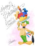  2019 3:4 anthro avian beak bird bow_tie brown_eyes cake candle clothed clothing disney english_text feathers food gloves green_feathers handwear happy_birthday harara hat headgear headwear hi_res jos&eacute;_carioca looking_up male parrot sailor_hat signature smile solo sombrero standing text the_three_caballeros umbrella yellow_beak yellow_gloves 