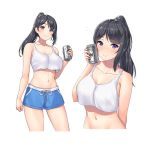  1girl bangs bare_shoulders black_hair blue_shorts blush breasts can cleavage collarbone commentary_request eyebrows_visible_through_hair high_ponytail holding holding_can large_breasts midriff navel original pensuke ponytail purple_eyes short_shorts shorts smile thighs white_tank_top 