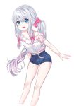  1girl absurdres bangs blue_eyes blush bow breasts collarbone eromanga_sensei eyebrows_visible_through_hair feet_out_of_frame hair_bow highres izumi_sagiri long_hair looking_at_viewer open_mouth pink_bow short_sleeves shorts silver_hair simple_background solo urim_(paintur) white_background 