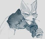  2019 anthro canid canine digital_media_(artwork) felid fox fox_mccloud head_on_shoulder leondra male male/male mammal melanistic monochrome nintendo panther_caroso pantherine scarf simple_background star_fox video_games 