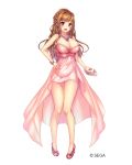  1girl bare_shoulders blush bracelet braid breasts brown_eyes brown_hair cleavage company_name copyright_request dress earrings floral_print full_body hand_on_hip high_heels jewelry large_breasts long_hair looking_at_viewer necklace official_art open_mouth pink_dress pink_footwear sleeveless sleeveless_dress solo standing tachi-e yuzutosen 