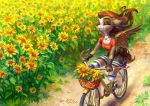  2019 absurd_res anthro basket bicycle bottomwear brown_feathers brown_hair clothed clothing cycling detailed_background ear_piercing ear_ring equid equine eyes_closed feathers female fingerless_gloves flower fully_clothed gloves hair handwear happy hi_res holivi jewelry knee_socks legwear long_hair mammal necklace outside piercing plant pterippus shirt signature sitting skirt smile socks sunflower t-shirt topwear wings 