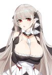  1girl :o azur_lane bangs bare_shoulders between_breasts black_dress blush breast_hold breasts cleavage collarbone detached_sleeves dress earrings eyebrows_visible_through_hair formidable_(azur_lane) frilled_dress frills hair_ornament hair_ribbon hand_up highres jewelry large_breasts long_hair long_sleeves looking_at_viewer luse_maonang open_mouth red_eyes ribbon silver_hair simple_background solo stud_earrings taut_clothes taut_dress twintails upper_body very_long_hair white_background white_dress 