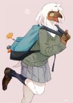  anthro avian backpack bag bebebebebe bird blush brown_feathers clothed clothing feathers female footwear hair happy legwear looking_at_viewer on_one_leg open_mouth school_uniform shirt shoes short_hair simple_background smile socks solo standing sweater tan_background tongue topwear uniform white_hair wjite_feathers yellow_eyes 