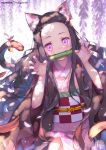  1girl animal_ear_fluff animal_ears bamboo bangs bell bit_gag black_hair blurry blurry_background blurry_foreground blush brown_hair cat_ears cat_girl cat_tail checkered claw_pose commentary_request depth_of_field fingernails flower forehead gag gradient_hair hair_ribbon hong_(white_spider) japanese_clothes jingle_bell kamado_nezuko kemonomimi_mode kimetsu_no_yaiba kimono looking_at_viewer mouth_hold multicolored_hair nail_polish obi open_clothes parted_bangs petals pink_eyes pink_kimono pink_nails pink_ribbon ribbon sash short_sleeves signature solo tail tail_bell tail_ribbon wide_sleeves wisteria 
