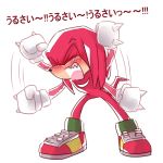  1:1 angry anthro blush clothing den255 dialogue echidna footwear fur gloves handwear japanese_text knuckles_the_echidna low_res male mammal monotreme motion_lines open_mouth red_fur sharp_teeth shoes simple_background solo sonic_(series) standing teeth text white_background yelling 