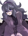  1girl :d @_@ ahoge black_hair blush breasts covered_navel covered_nipples gradient gradient_background hair_between_eyes hairband hex_maniac_(pokemon) highres large_breasts long_hair long_sleeves looking_at_viewer open_mouth pokemon pokemon_(game) pokemon_xy purple_eyes purple_hairband shourin_bonzu signature smile solo white_background 