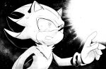  anthro black_and_white bodily_fluids clothing crying den255 eulipotyphlan gloves handwear hedgehog hi_res looking_up male mammal monochrome open_mouth sad shadow_the_hedgehog solo sonic_(series) space tears 