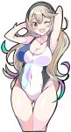  1girl ;d alternate_costume armpits arms_behind_head arms_up ass_visible_through_thighs black_hairband blonde_hair blush breasts cleavage collarbone competition_swimsuit corrin_(fire_emblem) corrin_(fire_emblem)_(female) covered_navel cropped_legs enpe fire_emblem fire_emblem_fates groin hairband highres large_breasts long_hair looking_at_viewer one-piece_swimsuit one_eye_closed open_mouth pointy_ears round_teeth simple_background smile solo swimsuit teeth thigh_gap thighs upper_teeth very_long_hair white_background white_swimsuit 