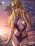  2017 5_fingers absurd_res beach bikini biped blonde_hair blue_eyes blush breasts cleavage clothed clothing detailed_background digital_media_(artwork) eyebrows eyelashes female fingers hair hi_res humanoid humanoid_pointy_ears hylian logancure long_hair looking_at_viewer mammal nintendo not_furry pale_skin patreon portrait princess_zelda seaside signature solo swimwear the_legend_of_zelda three-quarter_portrait url video_games watermark 