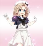  1girl black_neckwear black_shirt blonde_hair blue_eyes blue_sailor_collar commentary_request cowboy_shot dress gloves gradient gradient_background hat highres janus_(kantai_collection) kantai_collection looking_at_viewer open_mouth pink_background sailor_collar sailor_dress sailor_hat shirt short_hair short_sleeves solo sparkle tk8d32 white_dress white_gloves white_headwear 