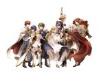  3boys 4girls alfonse_(fire_emblem) alm_(fire_emblem) armor blonde_hair blue_hair camilla_(fire_emblem) cape closed_mouth eliwood_(fire_emblem) fire_emblem fire_emblem:_radiant_dawn fire_emblem:_the_blazing_blade fire_emblem_echoes:_shadows_of_valentia fire_emblem_fates fire_emblem_heroes from_side fur_trim gloves green_hair highres hoimiii holding holding_sword holding_weapon long_hair long_sleeves micaiah multiple_boys multiple_girls open_mouth orange_hair polearm purple_hair red_hair sharena short_hair silver_hair simple_background sword tiara weapon white_background yune 