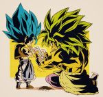  2boys beige_background black_footwear blue_eyes blue_hair broly_(dragon_ball_super) card chibi clothes_around_waist commentary_request crossed_arms crossed_legs dragon_ball dragon_ball_super_broly expressionless facial_scar fenyon fingernails food food_in_mouth food_on_face full_body gogeta green_hair holding holding_card legs_apart male_focus multiple_boys muscle no_pupils pants playing_card profile purple_legwear rock scar scar_on_cheek shirtless simple_background sitting spiked_hair square standing super_saiyan_blue super_saiyan_full_power twitter_username waist_cape waistcoat white_pants wristband yellow_background 
