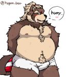  2019 absurd_res anthro belly blush bodily_fluids brown_fur canid canine clothing cum fur genital_fluids goemon_(tas) hagom hi_res male mammal moobs navel nipples overweight overweight_male raccoon_dog simple_background solo tanuki text tokyo_afterschool_summoners underwear video_games 