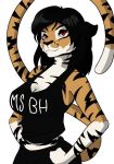  black_hair curvaceous felid female hair hands_on_hips mammal pantherine red_eyes smile smirk solo tiger unknown_artist waist_up 