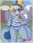  2019 anthro blonde_hair blush bottomless clothed clothing dialogue digital_media_(artwork) embarrassed english_text female hair hi_res microphone nintendo open_mouth pixpet pok&eacute;mon pok&eacute;mon_(species) recording scalie simple_background sobble solo speech_bubble text video_games 