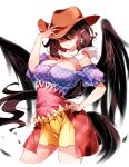  1girl bandana bangs bare_shoulders black_hair black_wings blue_shirt breasts brown_headwear cleavage commentary_request covered_navel cowboy_hat cowboy_shot earrings eyebrows_visible_through_hair eyelashes feathered_wings glint hair_between_eyes hand_on_headwear hand_up hat highres jewelry kurokoma_saki large_breasts long_hair looking_at_viewer miniskirt no_nose off-shoulder_shirt off_shoulder plaid pleated_skirt pointy_ears puffy_short_sleeves puffy_sleeves raptor7 red_eyes shirt short_sleeves simple_background skirt solo standing tail thighs touhou unmoving_pattern very_long_hair white_background wings yellow_skirt 