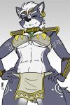  1_eye 2019 alternate_costume anthro armor breasts canid canine canis circlet clothed clothing clothing_swap collar color_edit colored cosplay crossgender ear_piercing ear_ring edit felicity_longis female fur gold_(metal) gold_jewelry grey_fur heresy_(artist) hi_res jewelry krystal looking_at_viewer low-angle_view mammal navel necklace nintendo piercing scar shoulder_pads skimpy star_fox tattoo tribal under_boob video_games wolf wolf_o&#039;donnell 