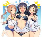  3girls ;) ;d bangs bare_shoulders barefoot bikini black_bikini black_hair blue_background blue_shorts blush border breasts brown_eyes brown_hair collarbone commentary_request cowboy_shot eyebrows_visible_through_hair hair_between_eyes hair_ornament hair_ribbon hairclip jacket kagerou_(kantai_collection) kantai_collection kuroshio_(kantai_collection) long_hair long_sleeves looking_at_another looking_at_viewer medium_breasts multiple_girls navel nose_blush off_shoulder one_eye_closed open_mouth outside_border oyashio_(kantai_collection) pink_bikini ribbon short_shorts shorts smile standing stomach swimsuit taketora_suzume tears thick_eyebrows thighs twintails white_border white_jacket white_ribbon yellow_bikini yellow_eyes 
