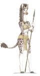  2019 5_fingers anthro breasts brown_eyes brown_hair clothed clothing digital_media_(artwork) eyebrows eyelashes female fingers foxmode fur giraffe giraffid hair hi_res holding_object holding_weapon hooves mammal simple_background solo spots spotted_fur standing weapon white_background 