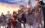  3girls 4boys armor artoria_pendragon_(all) artoria_pendragon_(lancer) bedivere blonde_hair bow braid brown_hair cape character_request commentary_request crown detached_sleeves fate/grand_order fate_(series) gauntlets hair_ornament hair_scrunchie kawacy kneeling mordred_(fate) mordred_(fate)_(all) multiple_boys multiple_girls ponytail red_bow red_scrunchie scrunchie shoulder_plates standing sword tagme thighhighs weapon 