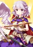  1girl bangs beige_blouse belt black_belt blouse blush bracelet braid breasts cape commentary_request cosplay cowboy_shot eyebrows_visible_through_hair feathered_wings french_braid gradient gradient_background hair_between_eyes highres holding jewelry kishin_sagume looking_at_viewer parted_lips purple_cape purple_eyes purple_skirt ritual_baton ruu_(tksymkw) short_hair silver_hair single_wing skirt sleeveless sleeveless_blouse small_breasts solo touhou toyosatomimi_no_miko toyosatomimi_no_miko_(cosplay) white_wings wings yellow_background 