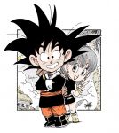  1boy 1girl :d bare_arms bare_shoulders belt black_dress black_eyes black_footwear black_hair black_shirt boots bracelet breasts building bulma capsule_corp chibi cloud cloudy_sky commentary_request crossed_arms dragon_ball dragon_ball_(classic) dress earrings eyelashes fenyon fingernails full_body grey_eyes grey_hair hair_between_eyes happy jewelry looking_at_viewer looking_away medium_breasts open_mouth outdoors palm_tree red_earrings red_lips red_nails shadow shirt short_hair sky sleeveless sleeveless_dress smile son_gokuu spiked_hair standing traditional_clothes tree twitter_username v yellow_footwear 