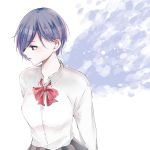  1girl absurdres black_eyes black_skirt bow bowtie breasts commentary_request eyebrows_visible_through_hair hair_over_one_eye highres kirishima_touka looking_to_the_side medium_breasts red_bow shirt short_hair skirt solo tokyo_ghoul toukaairab white_shirt 