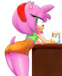  2018 accessory amy_rose anthro bracelet butt clothing eulipotyphlan eyelashes female gloves green_eyes hair hair_accessory hairband handwear hedgehog holding_object jewelry leaning leaning_forward looking_at_viewer mammal pink_hair punkinillus shirt solo sonic_(series) standing tankard topwear 