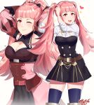  1girl absurdres arms_up artist_name belt blue_legwear breasts cleavage closed_mouth fire_emblem fire_emblem:_three_houses garreg_mach_monastery_uniform highres hilda_valentine_goneril long_hair one_eye_closed open_mouth pink_eyes pink_hair ponytail sarukaiwolf simple_background smile thighhighs twintails uniform white_background zettai_ryouiki 