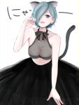  absurdres bareblue_hair black_ribbon black_skirt blue_eyes breasts cat cat_tail cleavage commentary_request hair_over_one_eye highres kirishima_touka long_skirt looking_at_viewer medium_breasts navel one_eye_covered ribbon see-through short_hair simple_background skirt smile tail tokyo_ghoul toukaairab translation_request white_background 