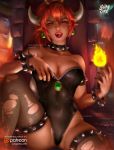  absurd_res animal_humanoid big_breasts blue_eyes bowser bowsette_meme breasts cleavage clothed clothing collar crossgender crown ear_piercing female fire hair hi_res humanoid koopa legwear logancure mario_bros nintendo open_mouth piercing red_hair scalie solo spread_legs spreading super_crown teeth thigh_highs tongue tongue_out torn_clothing video_games 