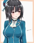  1girl beret black_hair breasts eyebrows_visible_through_hair hat highres kantai_collection large_breasts looking_to_the_side military military_uniform red_eyes saplus short_hair smile solo takao_(kantai_collection) twitter_username uniform upper_body 
