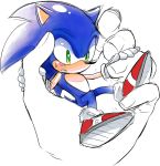  anthro blue_fur blush bodily_fluids clothing den255 disembodied_hand duo eulipotyphlan footwear fur gloves green_eyes handwear hedgehog holding_character human male mammal micro micro_in_hand shoes sitting sonic_(series) sonic_the_hedgehog sweat sweatdrop 