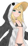  1girl animal_hood atsumisu bangs bikini bikini_under_clothes black_choker black_jacket blonde_hair blush breasts choker collarbone commentary_request cosplay eyebrows_visible_through_hair fate/grand_order fate_(series) green_eyes grey_bikini grin groin hood hood_up hooded_jacket jacket long_hair looking_at_viewer lord_el-melloi_ii_case_files meltryllis meltryllis_(swimsuit_lancer)_(fate) meltryllis_(swimsuit_lancer)_(fate)_(cosplay) navel open_clothes open_jacket penguin_hood reines_el-melloi_archisorte simple_background small_breasts smile solo swimsuit v-shaped_eyebrows white_background 