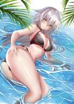  1girl absurdres ahoge bikini black_bikini black_choker breasts choker cleavage closed_mouth day english_commentary eyebrows_visible_through_hair fate/grand_order fate_(series) grey_hair highres jeanne_d&#039;arc_(alter_swimsuit_berserker) jeanne_d&#039;arc_(fate)_(all) large_breasts light_rays long_hair lying lying_on_water navel o-ring o-ring_bikini o-ring_bottom o-ring_top on_side outdoors palms pat_bharasarn shallow_water swimsuit very_long_hair yellow_eyes 