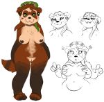  2018 absurd_res anthro bite biting_lip blizzard_entertainment breast_grab breasts brown_fur brown_hair clothing ear_piercing ear_ring female footwear fur green_eyes hair hand_on_breast hi_res mammal nipples nude pandaren piercing pussy red_pandaren sandals slightly_chubby smile solo standing ursid video_games warcraft whatsalewd wide_hips 