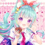  1girl :d animal_ear_fluff animal_ears bangs blue_hair blue_sky blush breasts cat_ears cat_girl cat_tail collared_shirt commission doughnut eyebrows_visible_through_hair fang food frilled_skirt frills green_hair hair_flaps hair_ornament hairband holding holding_food medium_breasts multicolored_hair natsumii_chan open_mouth original pink_background pink_hair purple_eyes red_hairband red_ribbon ribbon ribbon-trimmed_sleeves ribbon_trim shirt short_sleeves sidelocks skirt sky smile solo star star_hair_ornament streaked_hair tail vertigo white_shirt 