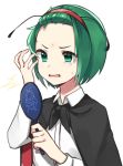  /\/\/\ 1girl antennae bangs_pinned_back black_cape cape commentary forehead gloom_(expression) green_eyes green_hair hairband hand_up highres katsuobushi_(eba_games) long_sleeves mirror open_mouth pimple red_hairband shirt short_hair simple_background solo surprised sweatdrop touhou upper_body white_background white_shirt wing_collar wriggle_nightbug 