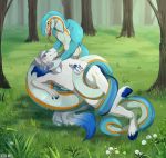  2019 5_fingers anthro anthro_on_anthro blue_hair day detailed_background digital_media_(artwork) equid equine fight_(artist) fingers forest grass hair hi_res hooves horse male male/male mammal open_mouth outside reptile scalie snake tongue tree 