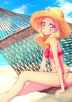  1girl amamiya_erena bare_legs bare_shoulders beach bikini blonde_hair blue_sky blush breasts cloud dark_skin day hammock hat highres kyoutsuugengo long_hair looking_at_viewer mole navel ocean outdoors precure purple_earrings purple_eyes red_bikini sand shore sky small_breasts solo star_twinkle_precure straw_hat string_bikini swimsuit 