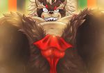  2019 anthro belly black_nose brown_fur bulge butt canid canine clothing eyes_closed fundoshi fur goemon_(tas) hi_res japanese_clothing male mammal moobs navel nipples overweight pihii3 raccoon_dog slightly_chubby solo tanuki teeth tokyo_afterschool_summoners underwear video_games 