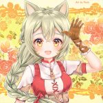  1girl :d animal_ears arm_up bangs blush bow braid breasts brown_eyes brown_gloves brown_shirt commission dress eyebrows_behind_hair floral_background gloves green_hair hair_between_eyes hair_bow long_hair looking_at_viewer medium_breasts natsumii_chan open_mouth original puffy_short_sleeves puffy_sleeves red_bow red_dress rose_background shirt short_sleeves single_braid sleeveless sleeveless_dress smile solo thorns white_shirt 