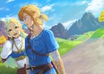 1boy 1girl belt blonde_hair blue_eyes blue_shirt braid brown_gloves building cloud cloudy_sky cowboy_shot day gloves grass hair_ornament hairclip hand_in_hair link long_hair looking_at_another mountain open_mouth orange_hair outdoors pointy_ears princess_zelda profile road saiba_(henrietta) shirt short_ponytail shoulder_strap sky smile straight_hair the_legend_of_zelda the_legend_of_zelda:_breath_of_the_wild tree yellow_eyes 