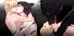  animal_humanoid bestiality black_hair blonde_hair bodily_fluids canid canine claws demon duo embrace eyes_closed feral hair hi_res hug human human_on_feral human_on_humanoid humanoid interspecies kissing licking male male/male mammal nails red_eyes saliva shadow simple_background spirit tipsycanvas tongue tongue_out 