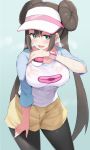  1girl black_legwear blush breasts commentary_request double_bun hair_bun half-closed_eyes heavy_breathing holding holding_poke_ball large_breasts low_twintails mei_(pokemon) noripachi pantyhose poke_ball poke_ball_(generic) pokemon pokemon_(game) pokemon_bw2 pokemon_trainer shirt shorts simple_background smile sweat twintails visor_cap white_background 
