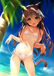  1girl animal_ears ass_visible_through_thighs bangs bikini blurry_foreground blush breasts brown_eyes brown_hair cat_ears cat_tail covered_nipples day eyebrows_visible_through_hair flower hair_flower hair_ornament highres long_hair looking_at_viewer micro_bikini navel one-piece_tan open_mouth original outdoors palm_tree side-tie_bikini small_breasts solo standing swimsuit tail tan tanline tree water wet yanagi_yuu 